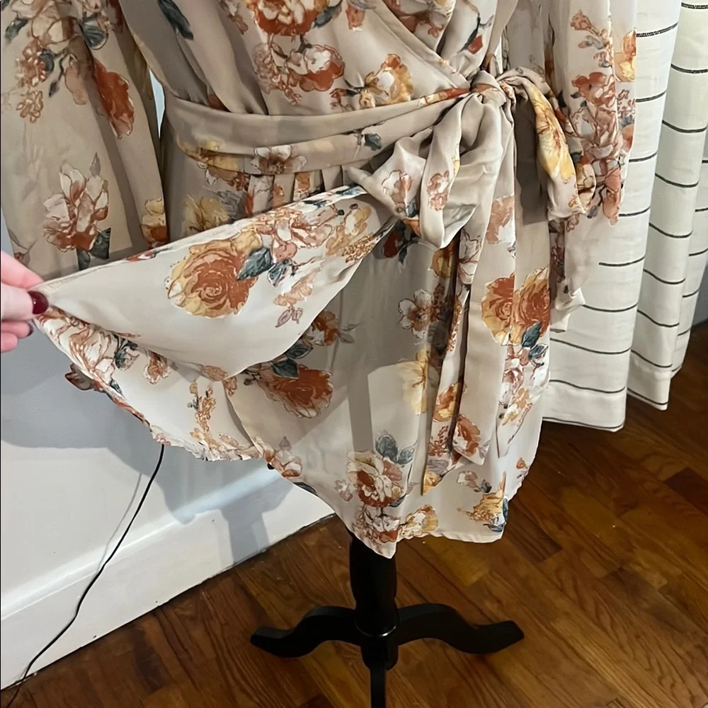 Hudson Gray Beige Floral Wrap Dress NWOTSheer Long Sleeve Tie Waist Size Small